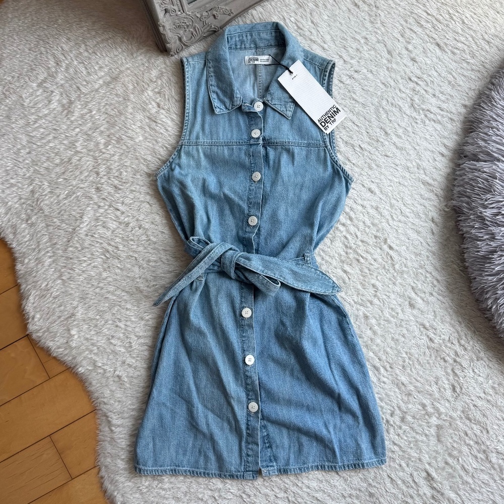 NWT Zara Denim Mini Belted Dress Collared Blue New XS 4365/012